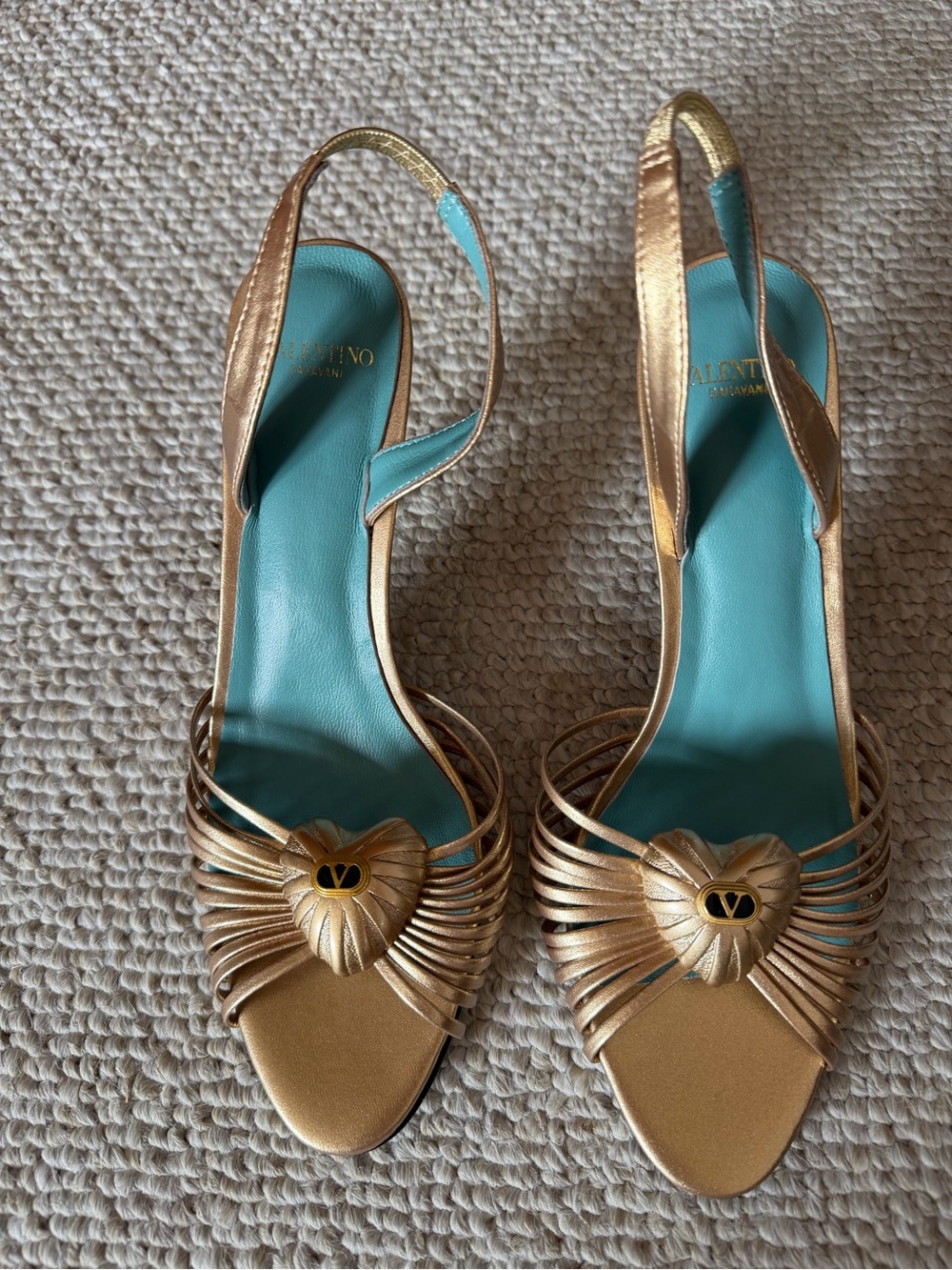 Valentino Garavani Gold Slingback Sandals with Turquoise Insole